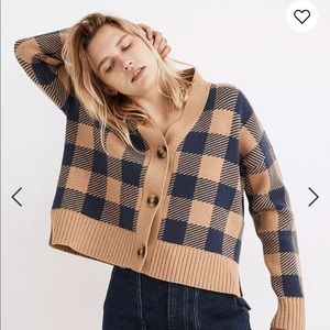 Madewell Tan and Navy Checkered Cardigan